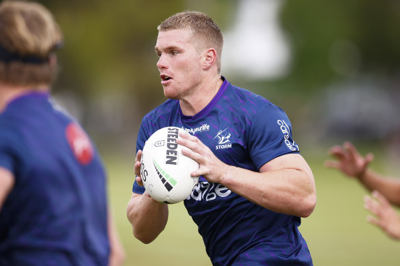 Josh King in action at a Melbourne Storm training session.