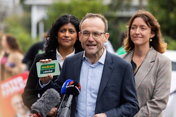 Greens leader Adam Bandt with the party’s Wills candidate Samantha Ratnam (left) and Victorian senator Steph Hodgins-May.