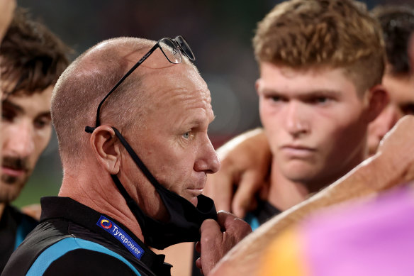 Port Adelaide coach Ken Hinkley during Friday night’s game.