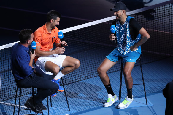 Novak Djokovic and Nick Kyrgios  after their exhibition match on Friday.