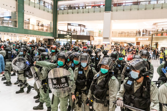 Riot police in a Hong Kong shopping mall on May 1. 