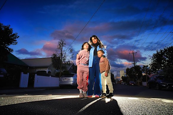 Sara Puhar with children Freddie, 5, and Luna, 8, near their home in Yarraville.