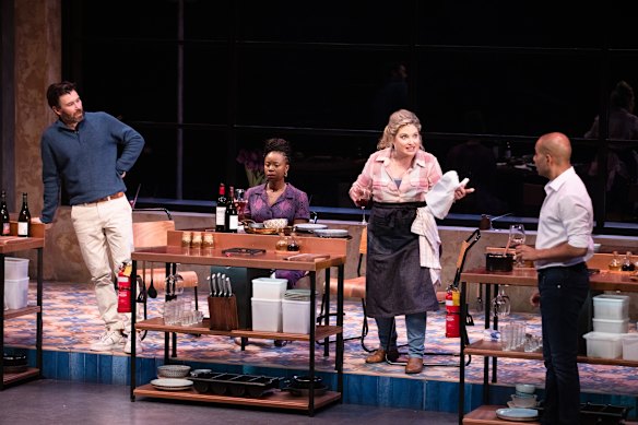 Will O’Mahony (Tobin), Ratidzo Mambo (Adaego), Emily Rose Brennan (Jacq) and Deep Sroa (Kaz) in Never Have I Ever. 