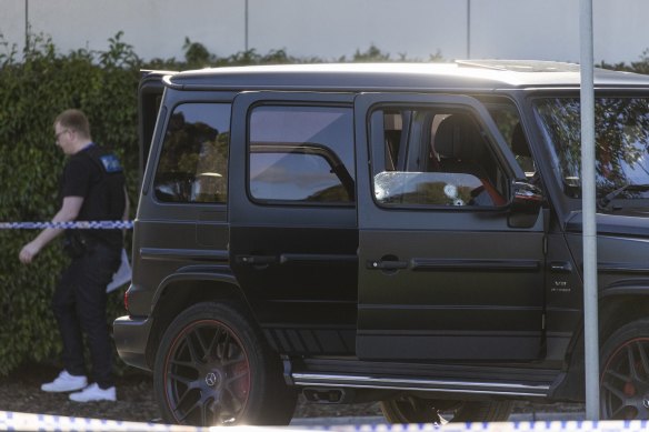 The black Mercedes outside Fawkner police station with three bullet holes in the driver’s side window. Suleiman “Sam” Abdulrahim was injured in the attack.