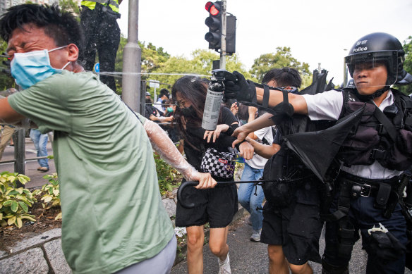 Riot police deploy pepper spray to disperse demonstrators during a protest against parallel traders in the Sheung Shui district of Hong Kong.