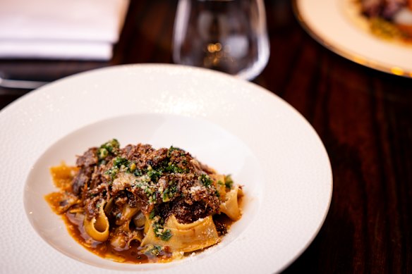 The beef cheek pappadelle, ordered by Inman Grant, and the swordfish at Gowings Bar and Grill.