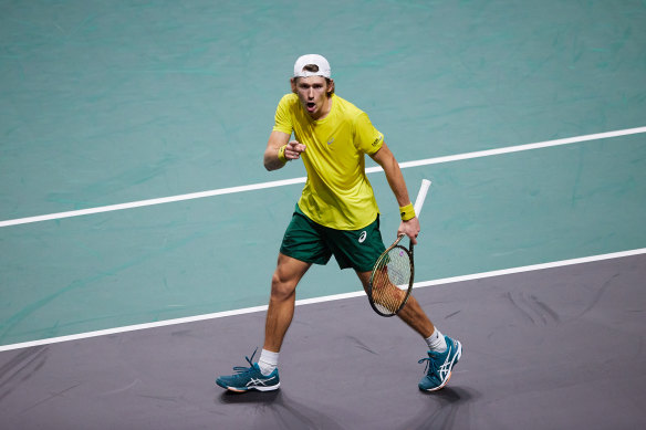 Alex de Minaur celebrates his win in the quarter-final against the Netherlands.