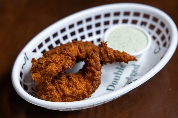 Chicken strips are served with your choice of nine dipping sauces.