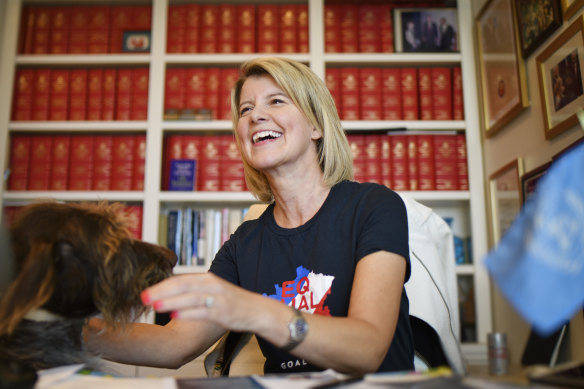 Natasha Stott Despoja in her makeshift campaign headquarters - her Adelaide study - along with Merkel the German wirehaired pointer.