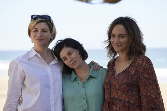 Jodie Whittaker (left), Yael Stone and Nicole da Silva are old friends forced to revisit decades-old trauma.