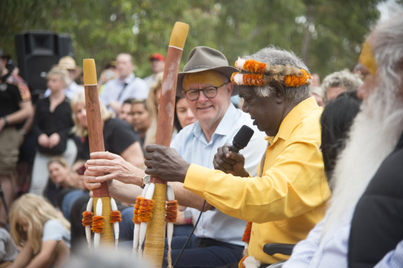 Prime Minister Anthony Albanese at the Garma festival in East Arnhem Land in July, where he outlined three sentences that could be added to the Constitution to establish the Voice if a referendum succeeded.