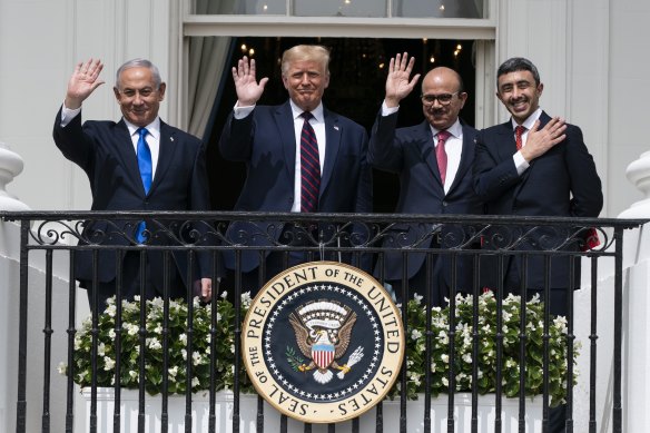 In 2020, Israeli prime minister Benjamin Netanyahu, US President Donald Trump, Bahrain Foreign Minister Khalid bin Ahmed Al Khalifa and United Arab Emirates Foreign Minister Abdullah bin Zayed al-Nahyan pose after signing the Abraham Accords.