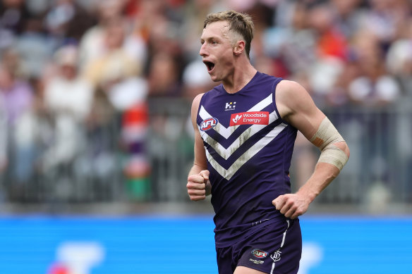 Josh Treacy has two goals to half-time for Fremantle against Gold Coast.