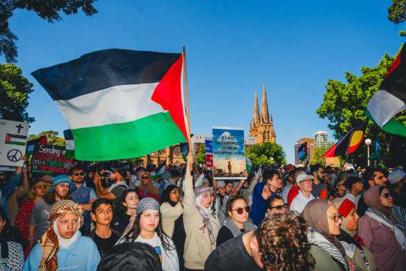 Protestors gather for a pro-Palestine rally at Hyde Park, Sydney 