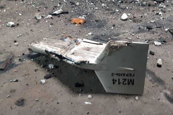 An image released by the Ukrainian military’s Strategic Communications Directorate shows the wreckage of what Kyiv has described as an Iranian Shahed drone downed near Kupiansk, Ukraine.