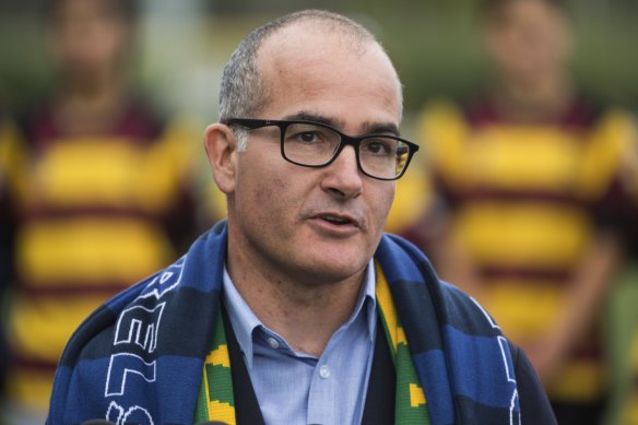 Acting Premier James Merlino at La Trobe University in Bundoora on Sunday morning to announce the Victorian budget will set aside $100 million for a purpose-built facility for the Australian women’s national soccer team, the Matildas.
