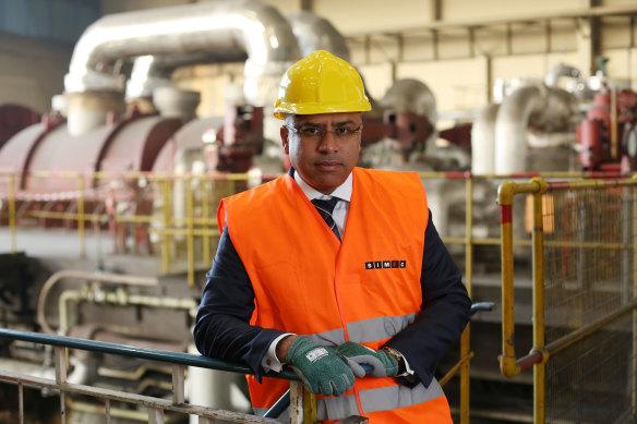 British businessman Sanjeev Gupta at the Uskmouth power station in Newport, Wales, which was coal-fired but is being converted to run on biomass and waste plastic.