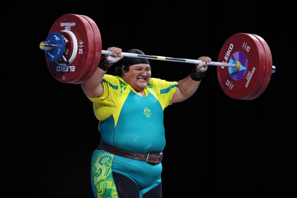 Charisma Amoe Tarrant performs a clean and jerk during the women’s 87+kg final on day six of the Birmingham Commonwealth Games