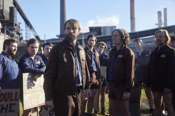 Tony Bissett (Jesse Spencer) leads striking power plant workers in <i>Last Days of the Space Age</i>. 