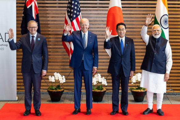 The Quad summit began on Tuesday morning with a “family photo” of the four leaders: (l-r)  Albanese, Biden, Japanese Prime Minister Fumio Kishida and Modi.