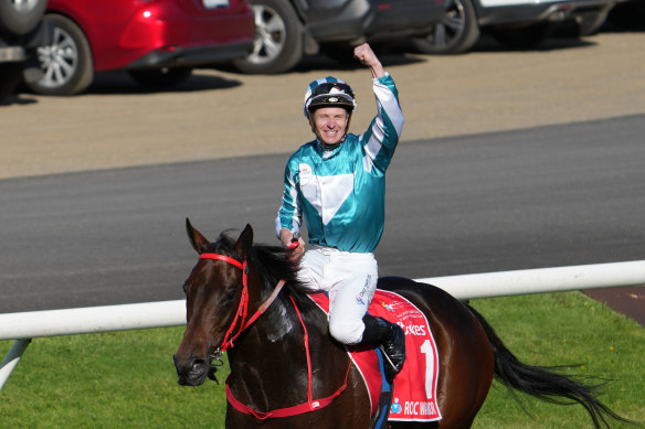 James McDonald celebrates Romantic Warrior’s Cox Plate victory, and will again link with him in Hong Kong on Sunday.