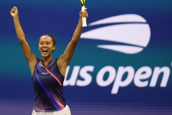 Leylah Fernandez celebrates match point against Naomi Osaka. 