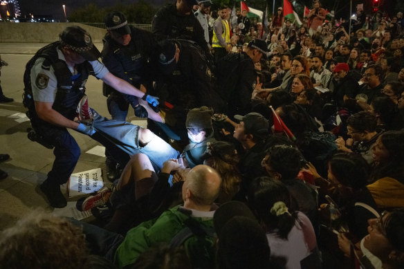 Police arrest Palestinian supporters on Foreshore Road. 