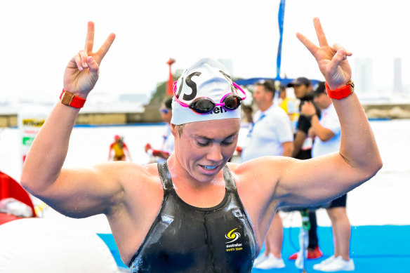 Chelsea Gubecka of Australia celebrates after winning the silver medal in the 10km Women Final during the 20th World Aquatics Championships.