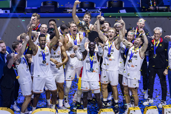 Germany celebrates their first World Cup basketball win.