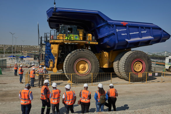 A hydrogen-powered truck at a mine in South Africa. The Australian government will create a national agency to help workers and companies in heavy polluting industries.