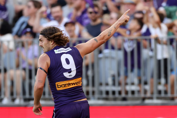 Luke Jackson celebrates after scoring a goal against Brisbane at Optus Stadium on Sunday.