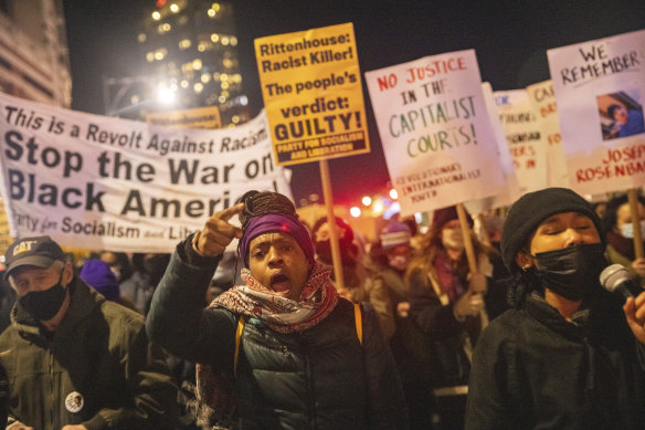 Demonstrators march in New York after Kyle Rittenhouse was acquitted.