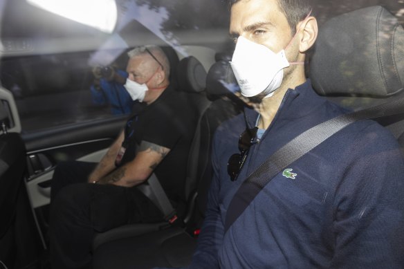 Novak Djokovic arriving at his lawyers’ offices in the Melbourne CBD on Sunday morning. 