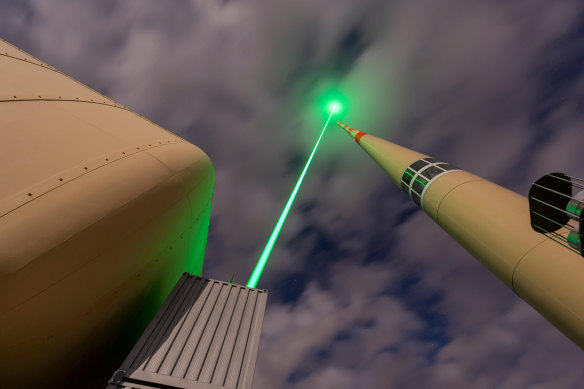 The Laser Lightning Rod works by shooting rapid laser pulses high into the sky, effectively increasing the range of lightning strike protection.