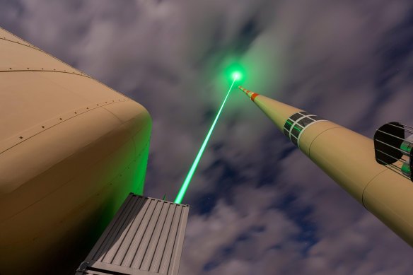 The laser lightning rod works by firing rapid laser pulses high into the sky, effectively increasing the range of protection from lightning strikes.