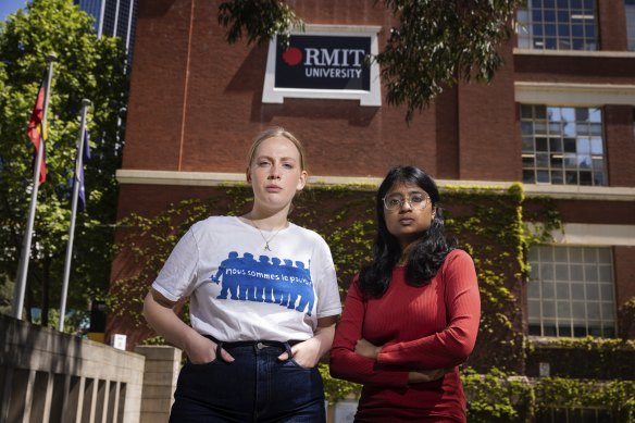 Amelia Christie (left) and Ersha Mohan were penalised by RMIT University for supporting striking academics.