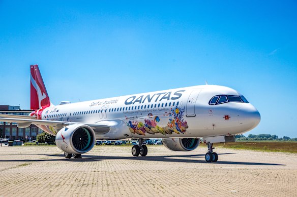 Qantas’ new Airbus A321XLR boasts a livery inspired by the Great Barrier Reef. 
