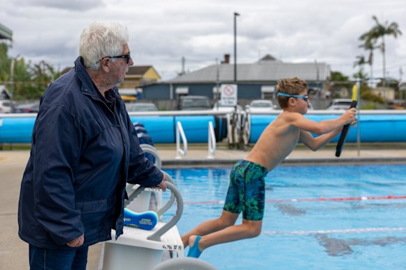 Ruth Everuss teaching at Maclean swimming pool. Ruth is a former Olympian. The Auburn pool is named after her. 