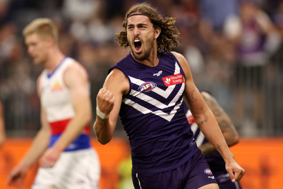 Former Demon Luke Jackson enjoys the moment for the Dockers. 