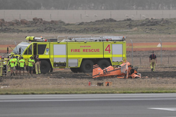 Emergency crews respond after the crash at Avalon Airshow on Friday.
