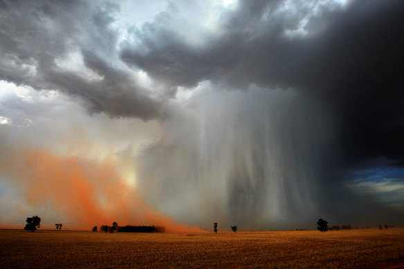 During the heatwave before the 2009 'Black Saturday' bushfires, storms caused problems for firefighters with lightning and strong "microbursts" - downdrafts from storms which caused a small dust storm in the parched region near Temora, NSW.