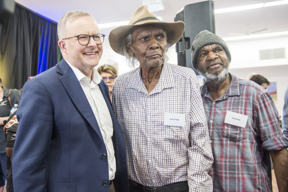 Australian Prime Minister Anthony Albanese greeting locals at Gratwick Hall during a visit to Port Hedland on Tuesday.