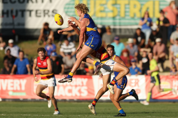 Reuben Ginbey of the Eagles spoils during the 2023 AFL practice match between the West Coast Eagles and the Adelaide Crows at Mineral Resources Park on March 3, 2023 in Perth, Australia. 