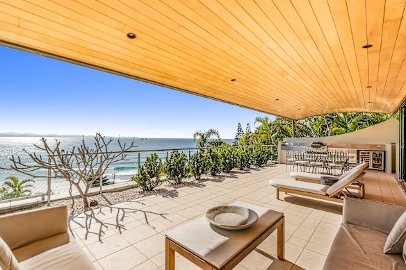 A modern residence with ocean-facing balconies above prized Wategos Beach in Byron Bay has a buyer’s guide of $17 million.