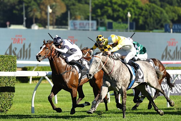 Briasa comes down the outside to beat Overpass in the TJ Smith Stakes.