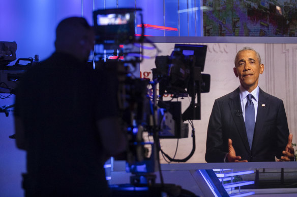 Former US president Barack Obama addresses the Democratic National Convention.