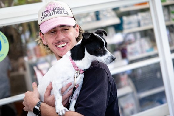 Jake Dobrin is reunited with Elbie, his two-year-old Jack Russell, at Collaroy Veterinary Hospital. 