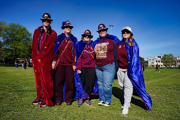 Brisbane fans Liam Trafford, Janelle Lynch, Alison Trafford, Kristy Trafford and Caitlin Nooteboom at the Lions’ fan day.