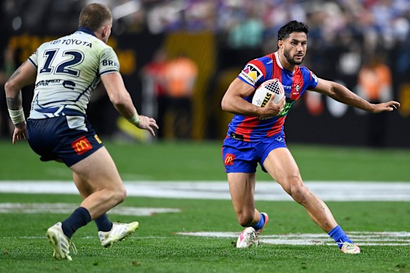 Dylan Brown takes on the Cowboys’ defence in Las Vegas.