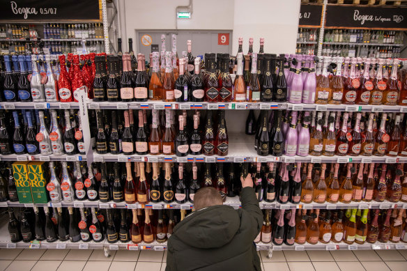 The drinks aisle at a hypermarket in Moscow.
